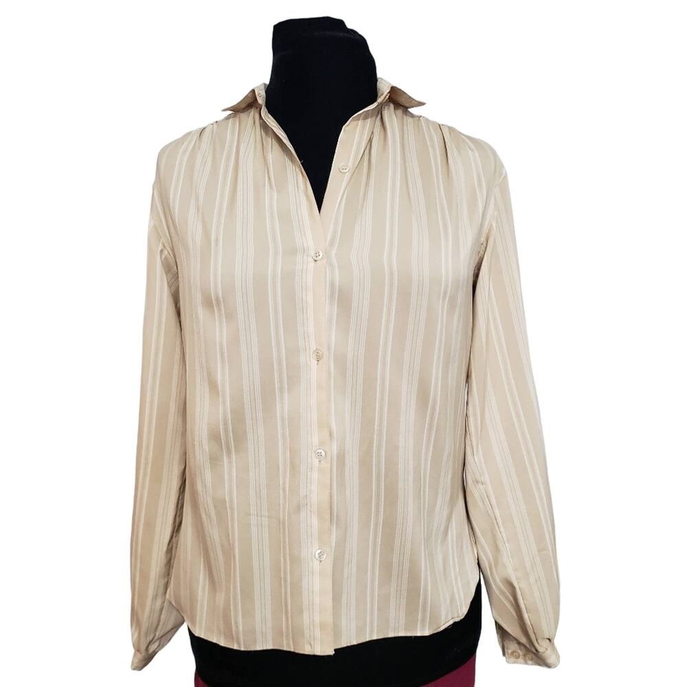 Breckenridge Tan‎ and White Pinstriped Button Front Long Sleeve Blouse 10